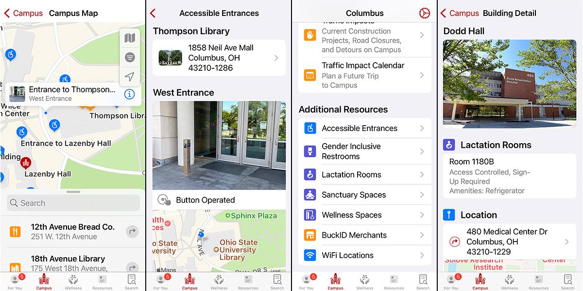 Screenshots from the Ohio State app showcasing accessibility and wellness space updates