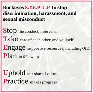 Buckeyes S.T.E.P U.P  to stop discrimination, harassment, and sexual misconduct Stop the conduct, intervene. Take care of each other, and yourself. Engage supportive resources, including OIE. Plan to follow up.  Uphold our shared values Practice makes progress